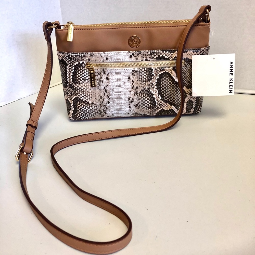 Anne Klein Faux Brown Snakeskin Print Crossbody Bag